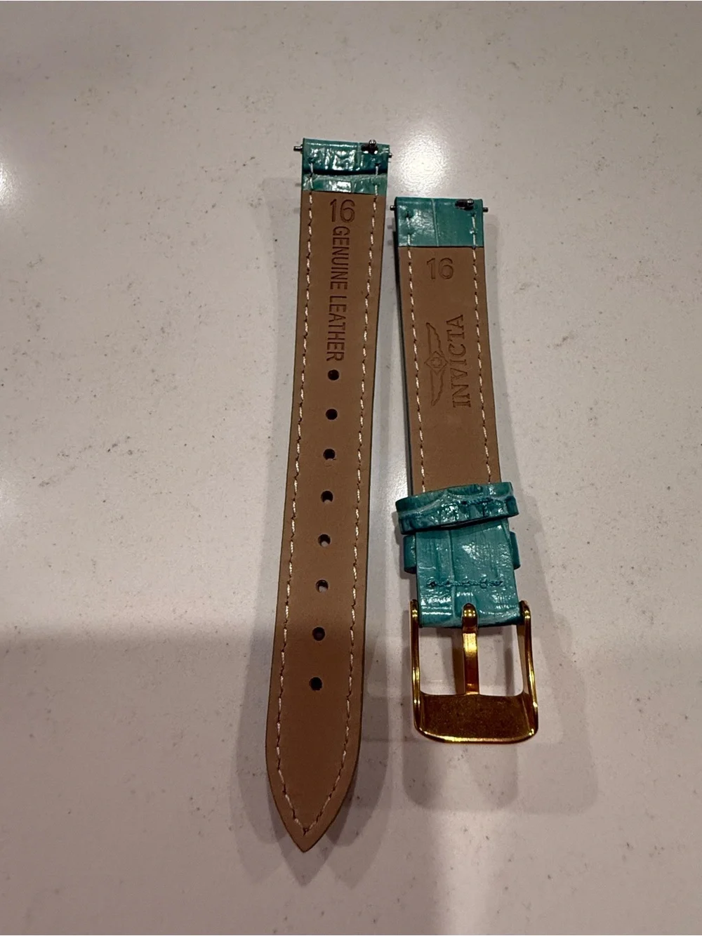 Invicta 16mm Teal Alligator Embossed Leather Watch Band Gold Tone Buckle